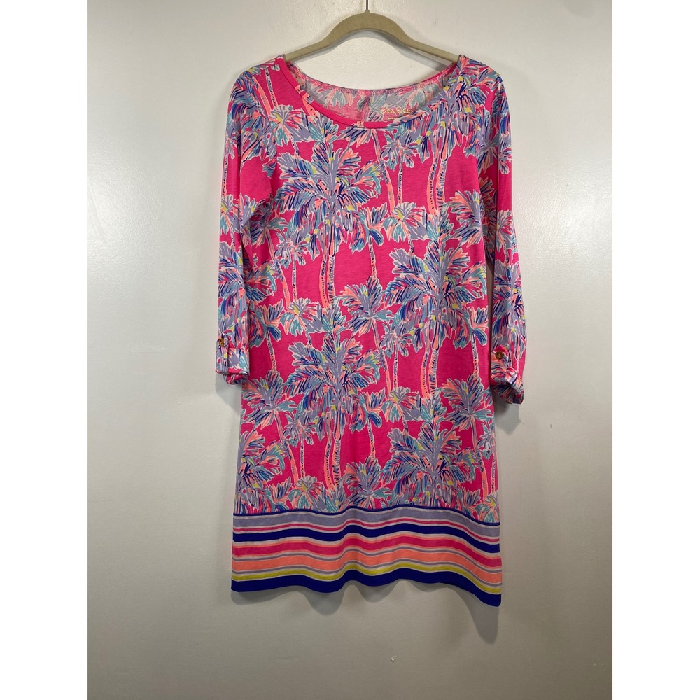Lilly Pulitzer Linden Dress‎ Shift Palm Print 3/4 Sleeve Pink Blue Size S